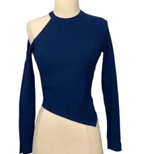 Cushnie Et Ochs Ribbed Knit Cold Shoulder Long Sleeve Sweater Top Blue